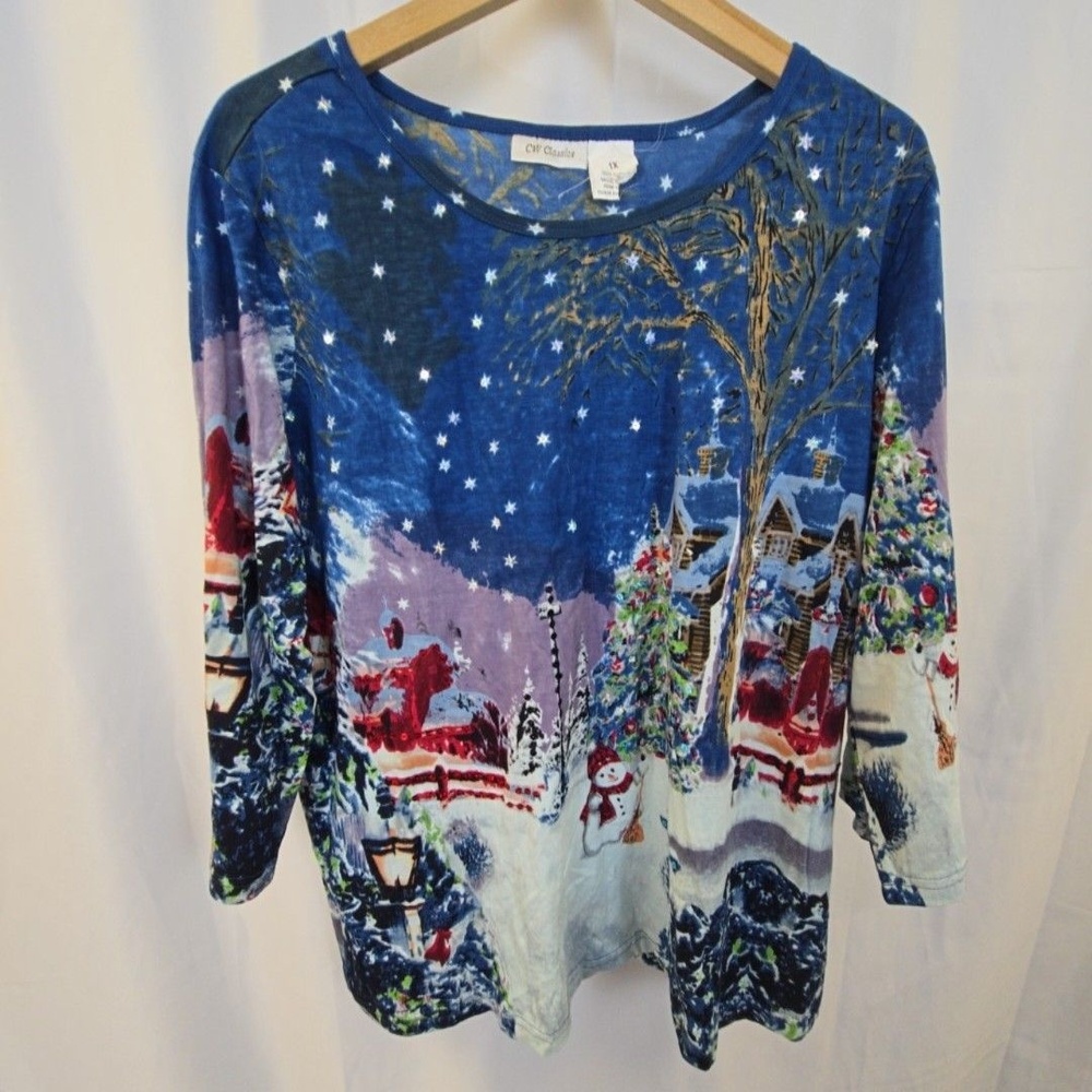 CW Classics Shirt Womens 1X Blue Christmas Winter Scene Long Sleeve Tunic Top